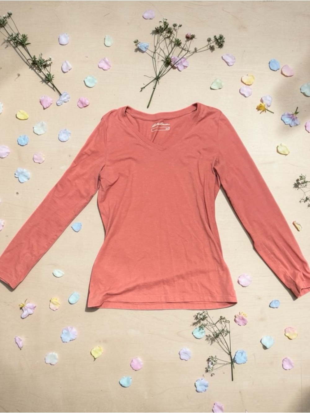 Eddie Bauer Long-Sleeve V-Neck Top in Coral